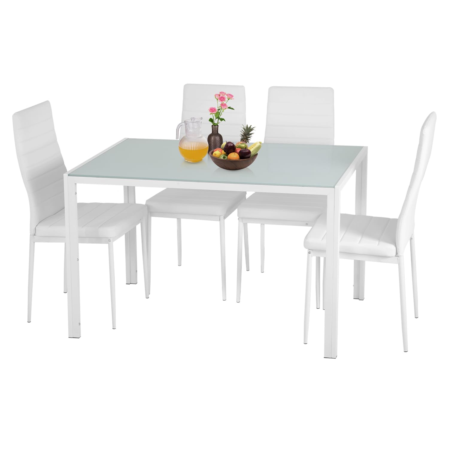 NChanmar Dining Table Set for 4 Furniture 5 Piece Faux Dining Set, Modern Kitchen Table with Upholstered PU Leather Chairs and Glass Tabletop for
