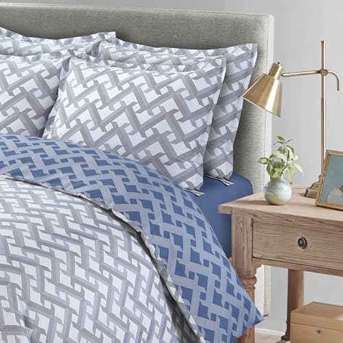 Majestic Giftware Madison Linen 6-Piece King Size Bedding Set (BL106-K) | Diamond Braid Blue Gray 300 TC Cotton Sateen Durable & Washable | 1 Fitted Sheet, 1 Duvet, 4 Pillowcases
