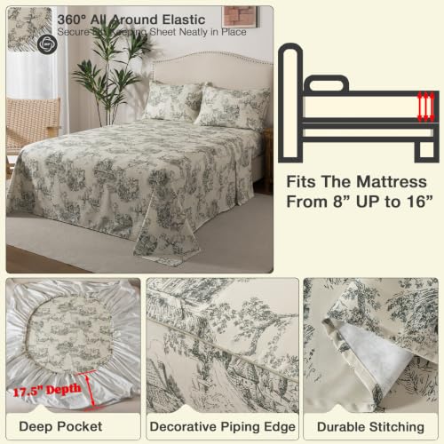 Image of French Country Flannel-Like Toile Percale Sheets Queen Size, 4Pcs