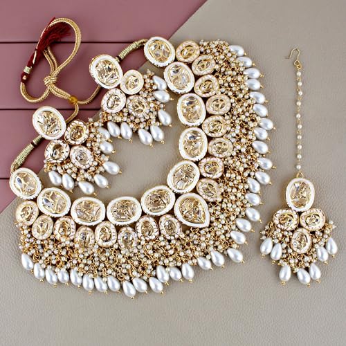 Image of Lucky Jewellery Back Meenakari 18k Gold Plated Set with Earring and Mang Tika Combo Uncut Big Faux Kundan Choker Necklace set (2415-J5SK-1815-PARENT)