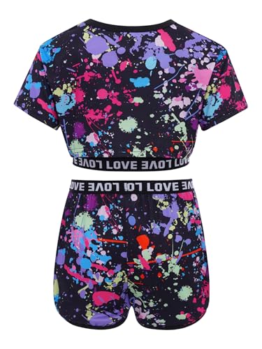 FEESHOW Kids Girls 3 Pcs Summer Outfits Short Sleeve Graffiti Print Crop Top Cami Vest with Shorts Clothes Set Tracksuit Multicolor 10-11 Years2