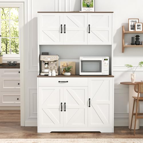 GRUSIGN 71" Pantry Cabinet with Charging Station, Large Capacity Kitchen Hutch Storage Cabinet, Kitchen Cabinet with Microwave Stand, Storage Drawers & Adjustable Shelves for Dining Room, White - Image 5