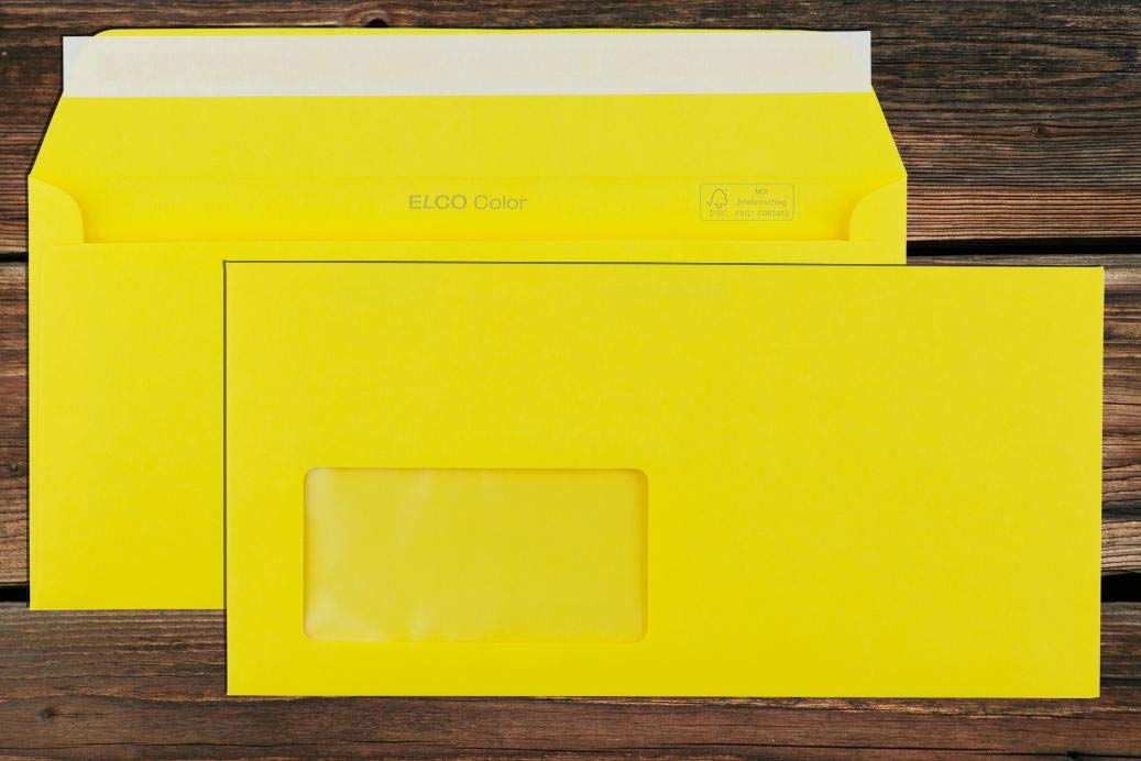 Gelbe Elco Color Briefumschläge mit Fenster (lasertauglich) / 114 x 229 mm (DL) / mit Abziehstreifen/haftklebend / 250 Stück