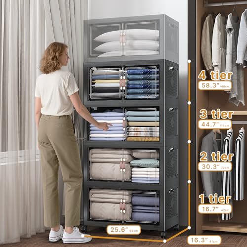 Image of UAMFURI Stackable Storage Bins with Lids, 480QT Closet Organizers and Storage Cabinet with Doors & Wheels, Lockable Plastic Foldable Drawers for Bedroom Dorm Office Garage(120QT*4,Black)