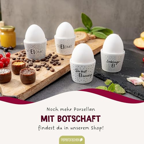 Papierdrachen - 4er Set Eierbecher Porzellan - Mama & Papa - Geschenk für Eltern - mit Motiv innen - Frühstücks-Set - Weiß Schwarz