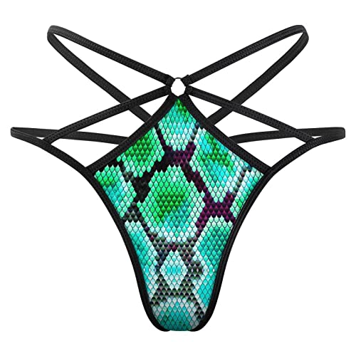 Women's T-Back Thong, Green Snake Skin Pattern Printed Low Rise G-String Panty, Strappy Lingerie Underwear #TOP2