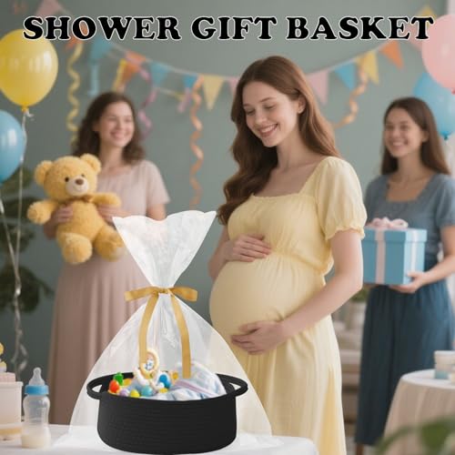 Image of Black Woven Rope Basket - Baby Gift Basket with Bag & Ribbon