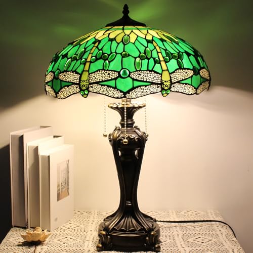 Image of 16 Inch Tiffany Stained Glass Lamp Shade Replacement Only (Green Dragonfly) | Fit For Table Lamps FLoor Lamp Ceiling Fixture Pendant Hanging Light Home Office Decoration