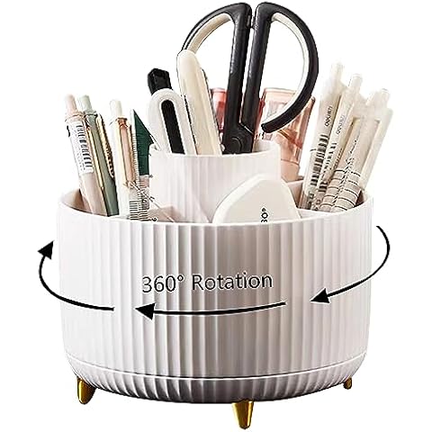MUAMAX Desk Pencil Pen Holder, 360° Rotating Pencil Pen Organizers for Desk, 5 Slots Desktop Spinning Stationery Supplies Organizer, Cute Pencil Cup Pot for Office, School, Home, Art Supply, White Cover