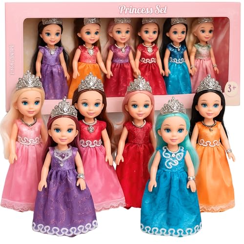Princess Dolls Playset – 6 Mini Princess Dolls with Colorful Gowns, Crowns & Jewelry – Fantasy Role Play Set for Kids with Elegant Dresses, Accessories & Royal-Themed Box – Gift for Ages 3+