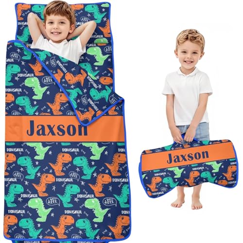 Personalized Dinosaur Toddler Nap Mat for Daycare Preschool, Customized Name Kids Sleeping Bag with Pillow and Blanket, Easy Carry Sleeping Mat for Kindergarten, Dinosaur Napping Pad for Boys
