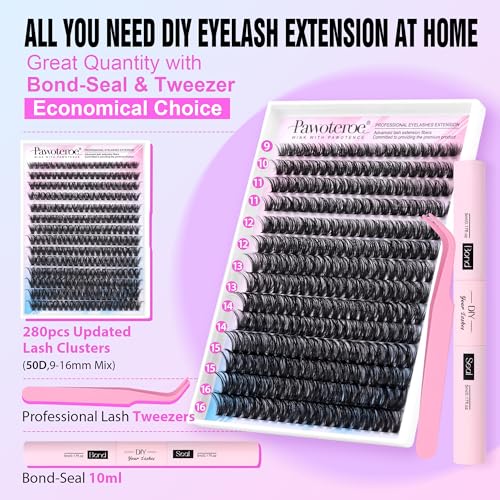 Image of Pawotence Lash Extension Kit DIY 280pcs Individual Lash Clusters Kit 50D 9-16mm Cluster Eyelash Extensions Kit with Lash Bond and Seal, Lash Tweezers for Self Application (50D, 0.07D, 9-16mm, Kit)