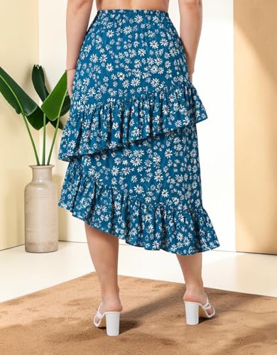Image of OOMPH! Women Floral Printed Asymmetric Ruffled Midi Skirt | Elegant Flowy Fit | Mid-Rise | Lightweight & Breathable | Flared Hem | Summer Casual Skirt