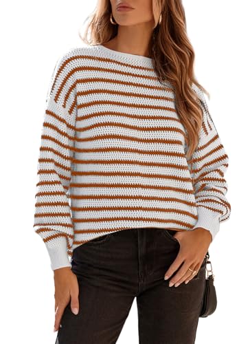 Image of Dokotoo Sweaters for Women Crewneck Long Sleeve Striped Color Block Loose Knit Pullover Sweater Tops