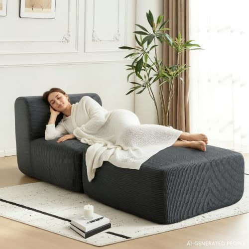 Image of Armless Chair with Ottoman, Modern Corduroy Convertible Cloud Couch