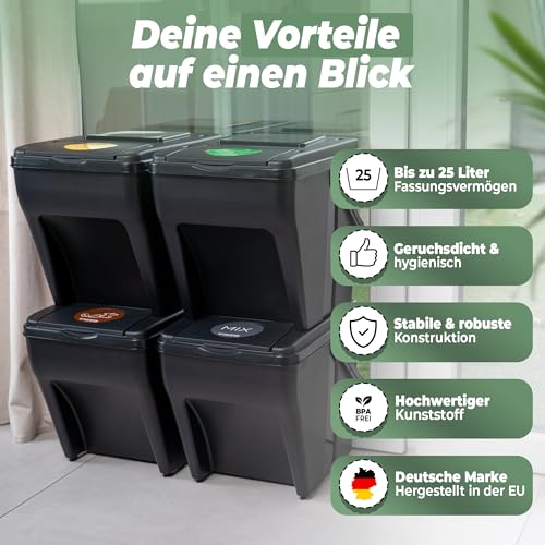 Novaliv Mülltrennsystem Set - 3x 25L Mülleimer Trennsystem - Mülleimer 4 Fächer - Mülltrennsysteme stapelbar - Mülltrennung Recycling Behälter - Abfalltrennsystem - Müll Organizer Müllsortierer