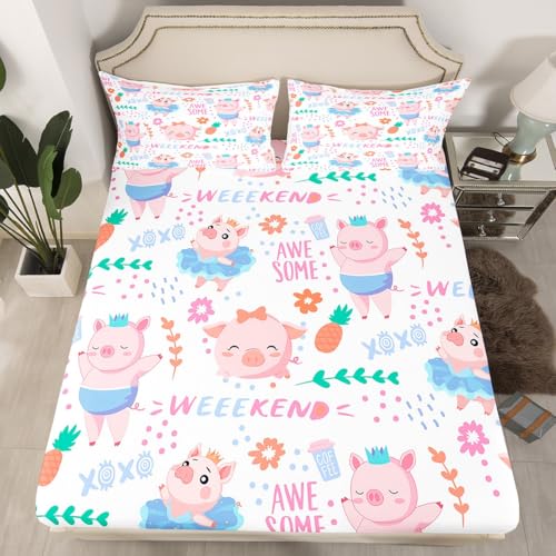 Cartoon Pig Kids Fitted Sheets Full Size,Princess Prince Pig Bedding Set 3Pcs for Girls Boys Teens Room Decor,Pink Cute Animals Bed Sheets,Floral Polka Dot Print Deep Pocket Sheet,2 Pillowcases