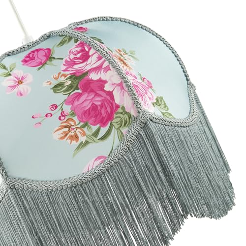 Duck Egg and Pink Rose Victorian Style Fabric Lamp Shade with Embroidered Trims and Long Tassels | 36cm x 20cm | Inner White Faux Silk Lining by Happy Homewares - Image 6