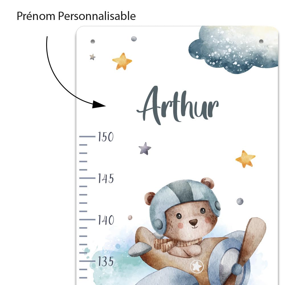 Adzif.biz Le sticker de decoration - Toise murale enfant personnalisable Avion - Toise prénom à suspendre - Tableau croissance enfant