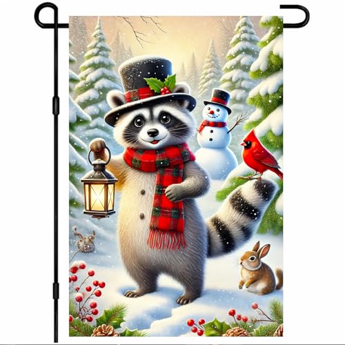 Image of BlissYard Winter Yard Flag Raccoon Lantern Cardinal 12x18 Inch Polyester