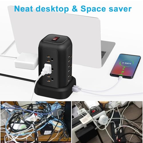 FUAUFAS Tower Power Strip Surge Protector USB Ports, Multiple Outlets Ports Desktop Charging Station, Flat Plug, Wall Mount,with Night Light Station, Power Bar, Office Desk Supplies, Dorm Essentials - Thumbnail 3