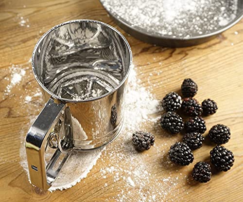 RSVP International Endurance® Stainless Steel Triple Mesh Flour Sifter, 3 Cup | Sift Flour & Dry Ingredients for Baking | Manual Squeeze | Dishwasher Safe