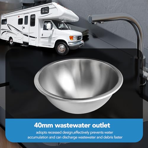 Image of RV Kitchen Bath Sink, 12 Inch Round Sink 304 Stainless Steel Kitchen Bath Sink Hand Wash Basin with 40mm Sewer Outlet for Boat RV