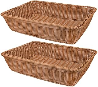 Yarlung 2 Pack Poly Wicker Woven Bread Basket, 16 Inch/40.5cm Rectangular Fruit Baskets Food Serving Holders for Vegetables, Home, Kitchen, Restaurant, Outdoor, Imitation Rattan Brown