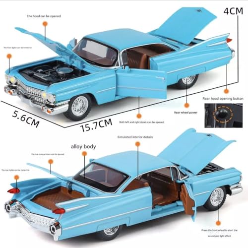 Image of Vintage Die-Cast Car Model 1:32 Scale | Alloy Metal Car with Openable Doors, Hood & Trunk | LED Headlight & Taillight with Sound | Pull Back & Go Toy for Kids & Collectors (Blue)