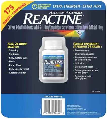 Reactine Extra Strength Antihistamine Tablets - 10mg Cetirizine Hydrochloride - 24 Hour Allergy Relief Medicine - 175 Count