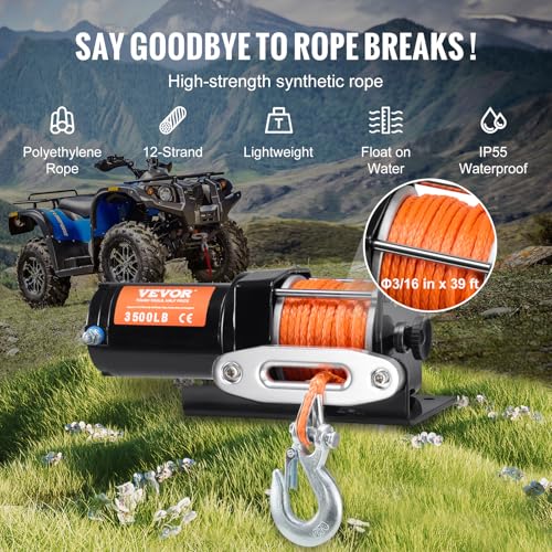 VEVOR ATV Winch, 3500 lb Electric Winch with Synthetic Rope, 12V DC ATV Winch 3/16 in x 39 ft Aluminum Fairlead Wired Remote Control, IP55 Waterproof for Towing Boat Off Road Recovery