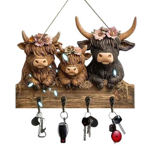 2D Highland Cow Ornaments Key Holder, Highland Cattle Ornaments, Bullhead Animal Wooden Towel Key Hooks Coat Hanger with 4 Hooks, Decorative Rack for Entryway Hallway Highland Cow Lovers Gifts (1pcs)