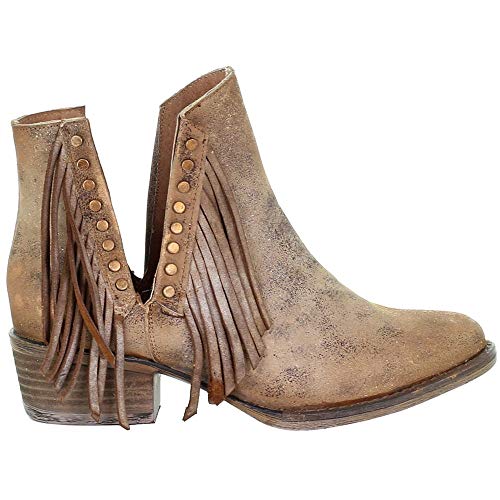 Corral Boots Women's Ld Brown Studs & Fringes Bootie Round Toe Boots Ankle