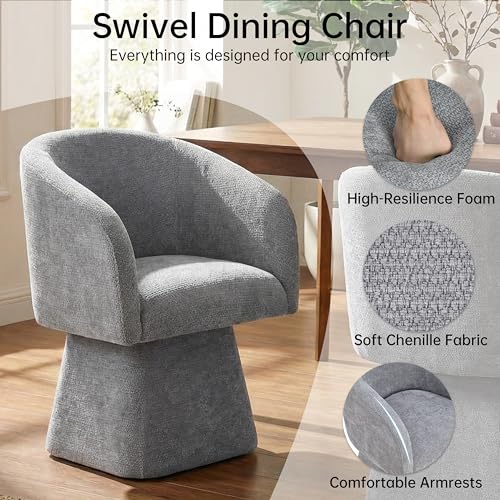 Image of VKNOW Upholstered Swivel Dining Chairs Set of 2 with Barrel Back and Arm | Modern Accent Arm Chair with Thickened Cushion, Soft Chenille Fabric, for Dining Room, Living Room, Vanity, Gray