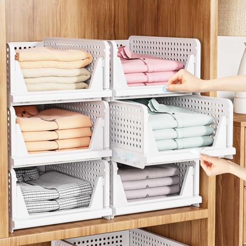Image of Go Hooked Foldable Wardrobe Organizer with Drawer Style Pull Out Design | Pack of 6 Large (44x34x19 cm) Shelf Storage Box | Heavy Duty Plastic Shirt Stacker for Cupboard, Almirah & Closet | White