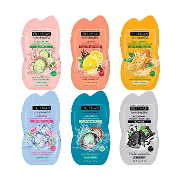FREEMAN Facial Mask Variety Pack: Oil Absorbing & Anti Stress Clay, Detoxifying Charcoal Mud, Clearing Peel Off, Hydrating Gel Cream Beauty Face Masks, Vegan & Cruelty Free Skincare, 6 Count