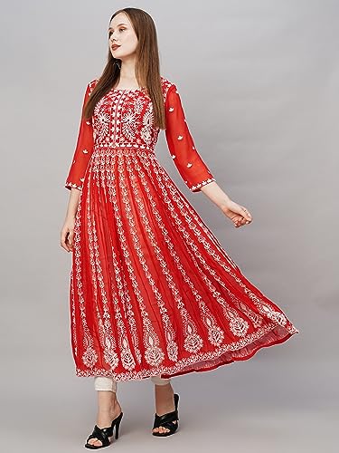 Image of ANNI Designer Women's Georgette Regular Fit Anarkali Chikankari Embroidered Calf Length Kurta Dress