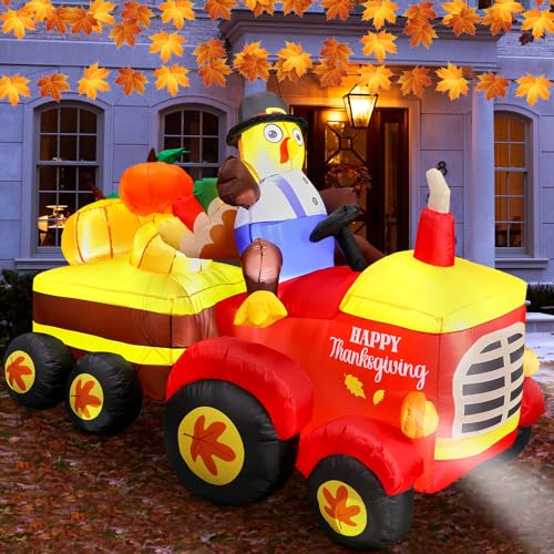 Crowye 6 ft Thanksgiving Inflatable Turkey Driving Tractor Blow up