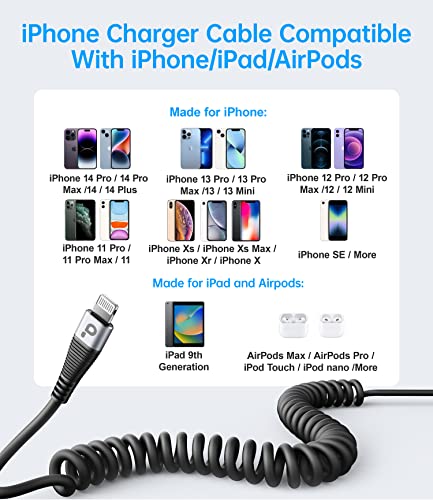 Coiled Lightning Cable 3Ft, 2 Pack Iphone Charger Cable For Car, [Apple Mfi Certified] Short Retractable Chargingg Cord Compatible With Iphone 14/13/12/11 Pro Max/Xs Max/Xr/Xs/8/Ipad/Ipod/Carplay #TOP5