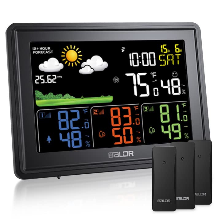 BALDR Weather Station with 3 Sensors, Weather Stations Wireless Indoor Outdoor, Outdoor Thermometer Wireless Predict 12-24 Hours Future Weather, Temperature Humidity Monitors and Snooze Clock