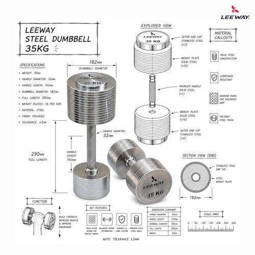 Image of Leeway Steel Dumbbell Set 35 Kg x 2 | Chrome Dumbbells for Home Gym | Rust-Resistant Non-Slip Grip | Strength Training Metal Dumbbell Set | Iron Dumbell | Round Dumble | (35kg X 2 = 70kg Chrome)