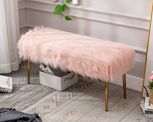 Kmax Fur Entryway Bench, Pink Shaggy Furry Cute Makeup Bench Seat for Girls, Modern Long Bench with Gold Metal Legs for Bedroom Living Vanity Room