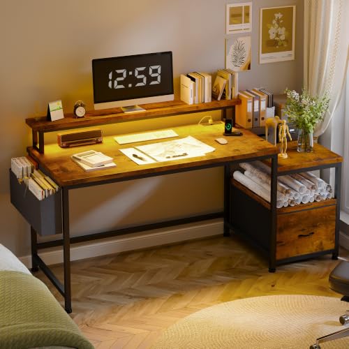 Image of EnHomee 56.5 inch Office Desk with Drawers & Printer Space for Home Work,Brown | Computer Desk with 3 AC Outlets& 2 USB Ports,40 inch*7 inch Long Monitor Stand,Side Pockets with Storage Space,Home Office,Bedroom