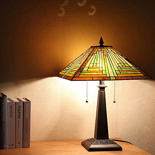 Cotoss Tiffany Table Lamp 16" Wide Handmade Stained Glass Lamp Shade 2 Light Amber Mission Style Vintage Table Lamp For Living Room Bedroom #TOP1