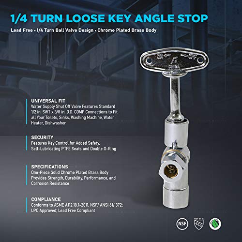 Image of Midline Valve 91212QS-OM-5 Water Supply Stop Valve with Quarter Turn Control Key; One Piece; Angle Shut-off for Toilet, Sink, Dishwasher; 1 /2 in. SWT x 3 /8 in. COMP; Chrome Plated Brass (5 Pack)