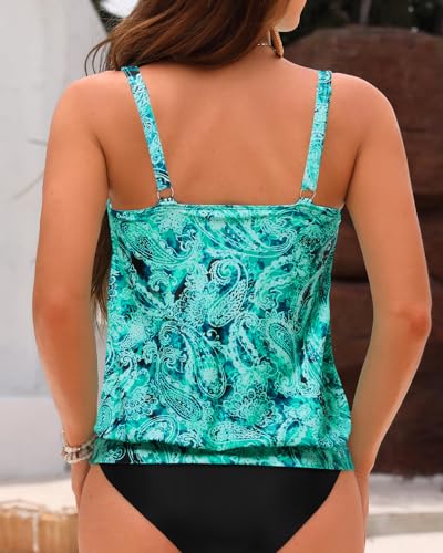 Yonique Womens Blouson Tankini Top No Bottom Loose Fit Swim Top Modest Tank Top Green Paisley M - Thumbnail 5