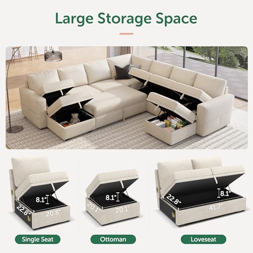 Image of HONBAY Modular Sectional Sleeper Sofa with Pull Out Couch, Oversized U Shaped Sleeper Pull Out Bed with Storage Sectional Couches for Living Room - Beige