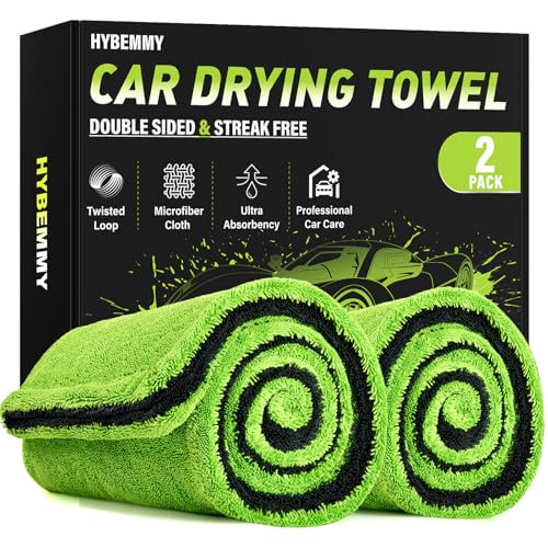 Hybemmy 2 Pack Car Drying Towels – Microfiber Towels for Cars (36" x 24"), Ultra-Absorbent, Streak-Free, Scratch-Free, No Water Spots, Double-Twist Pile & Edgeless Design, Green