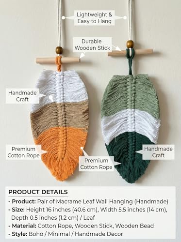 Image of JH Gallery Handmade Tricolor Macrame Leaf Wall Decor, Boho Cotton Rope Hanging with Wooden Beads for Bedroom, Living Room, Balcony and Home Decoration. (Pack of 2)