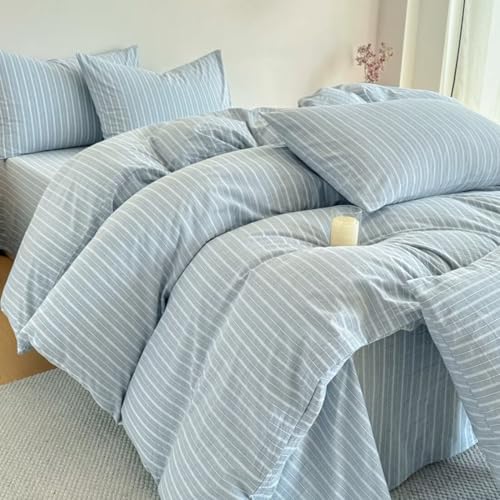 Image of PinkMemory Blue Striped Duvet Cover Set King 100% Washed Cotton Blue Stripes Bedding Duvet Cover Set with Streak Pillowcases-Ultra Soft Breathable Zipper Closure Corner Ties